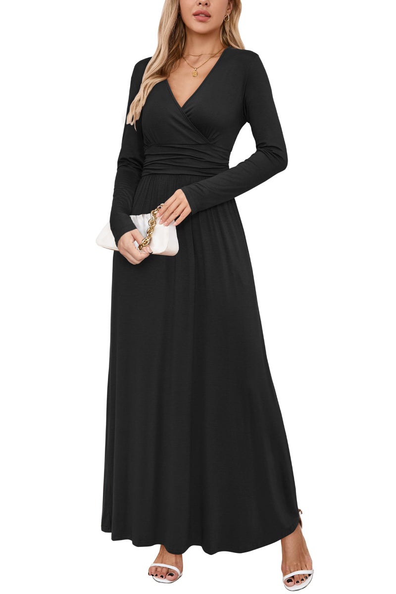 OUGES Womens Long Sleeve Black Dress V-Neck Wrap Waist Fall Formal Maxi Dress Winter Dresses for Women 2026(Black,XL) - Image 1